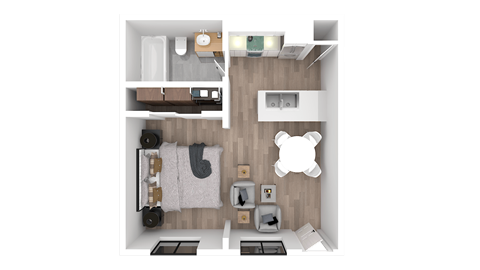 a 3d floor plan of a bedroom with a bathroom and a living room